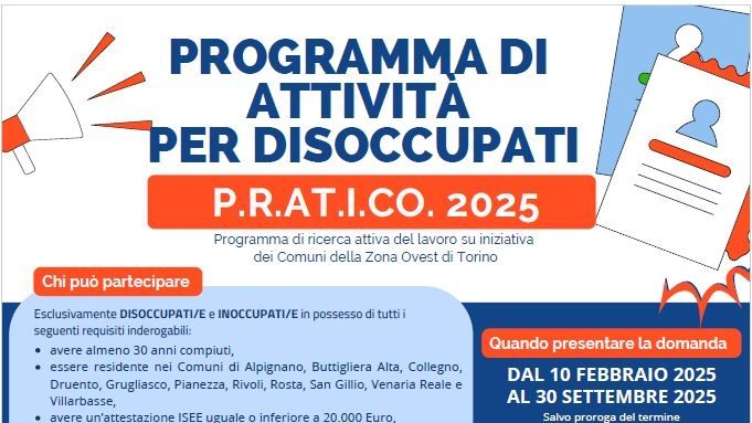TORNA P.R.AT.I.C.O 2025 PER I DISOCCUPATI OVER 30 CHE CERCANO LAVORO DAL 10 FEBBRAIO AL 30 SETTEMBRE